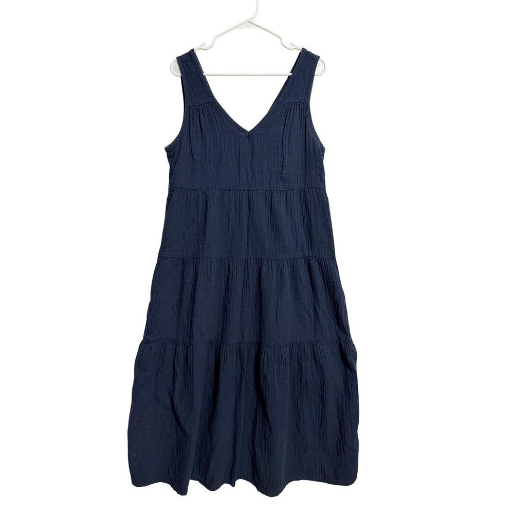 Quince Navy Blue Organic Cotton Tiered V-Neck Midi Dress Medium
